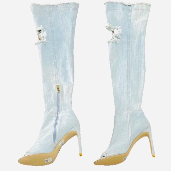 👢💙 SECRET Blue Stretch Denim Thigh-High Boots | Size 8 Peep Toe‎ Stiletto Heel - Picture 1 of 6